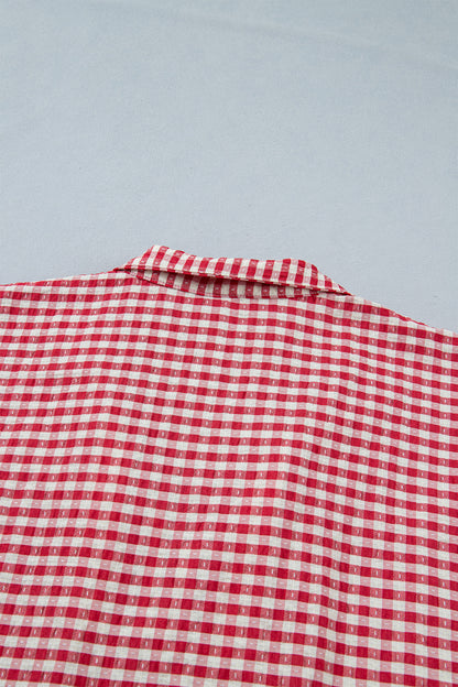 Red Plaid Short Sleeve Colorblock Trim Split Neck Blouse