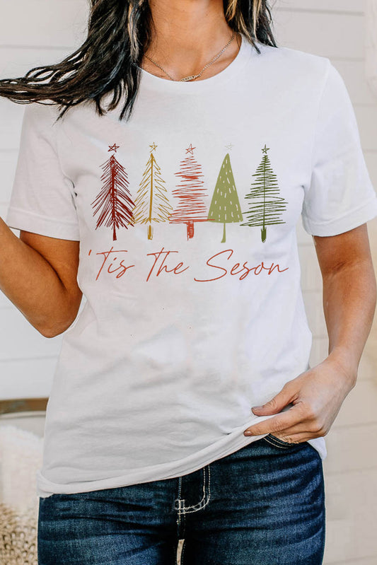 T-shirt blanc à col rond avec imprimé sapins de Noël mignons