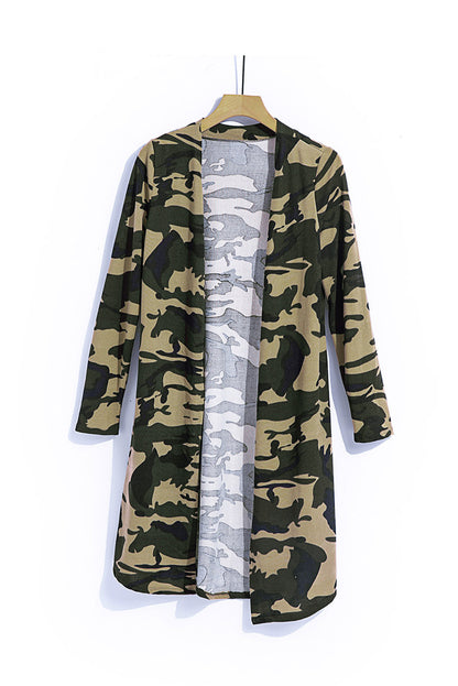 Cardigan long à imprimé camouflage vert