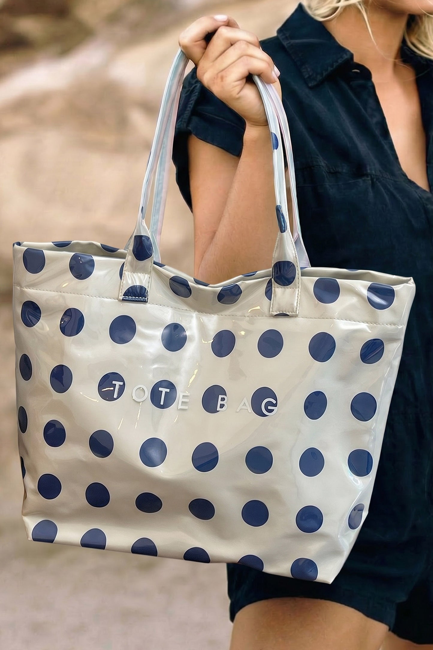Dark Blue Polka Dot Durable Waterproof PVC Tote Bag