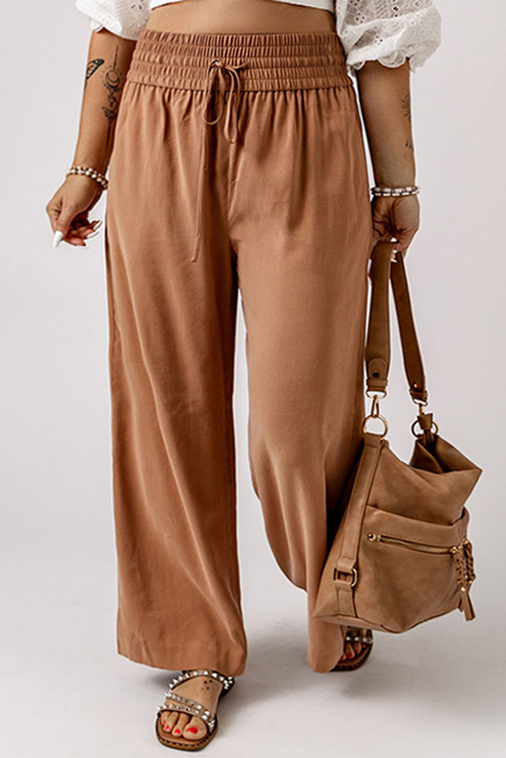 Drawstring Elastic Waist Casual Wide Leg Pants