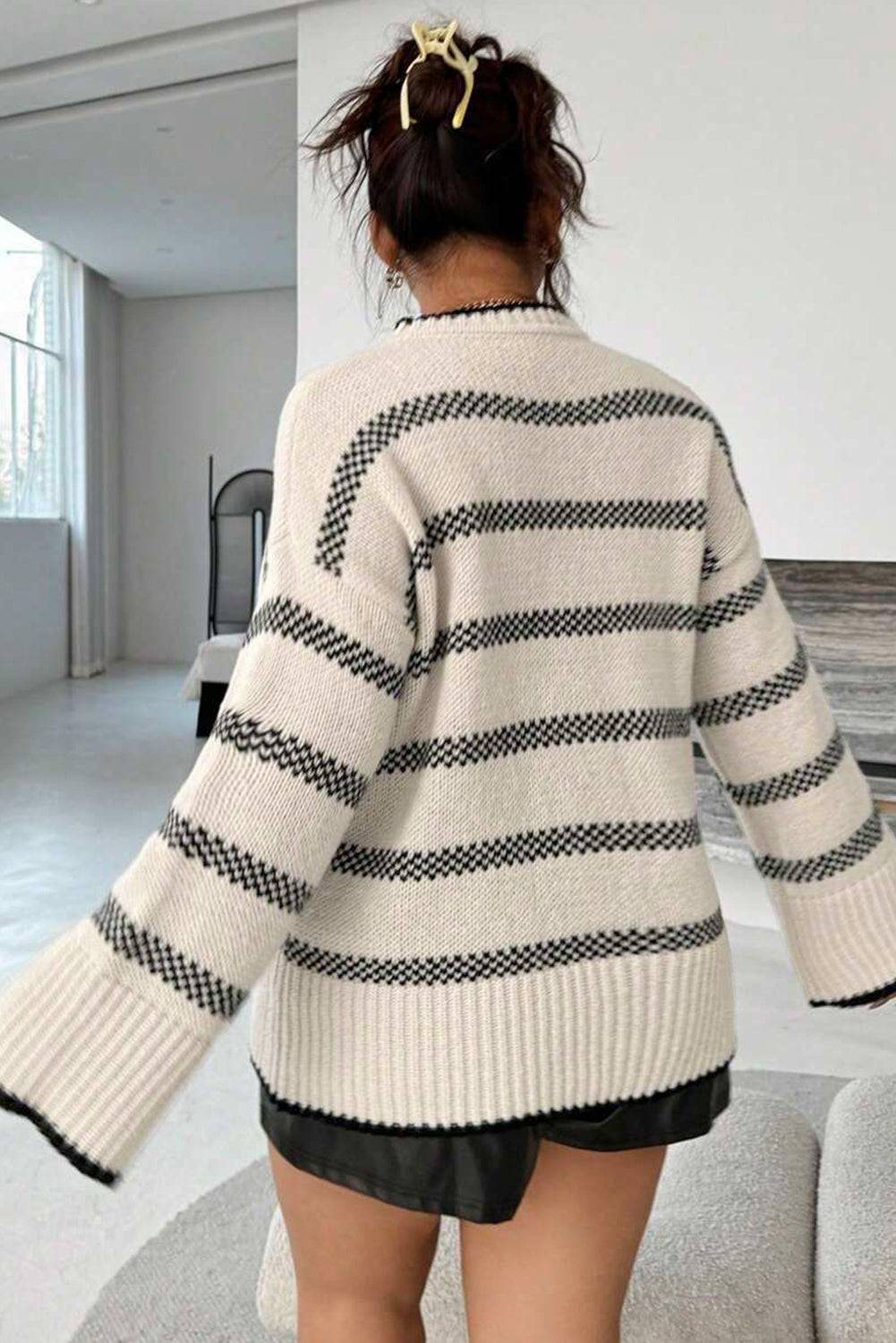 Apricot Stripe Wide Sleeve Drop Shoulder Crew Neck Plus Sweater