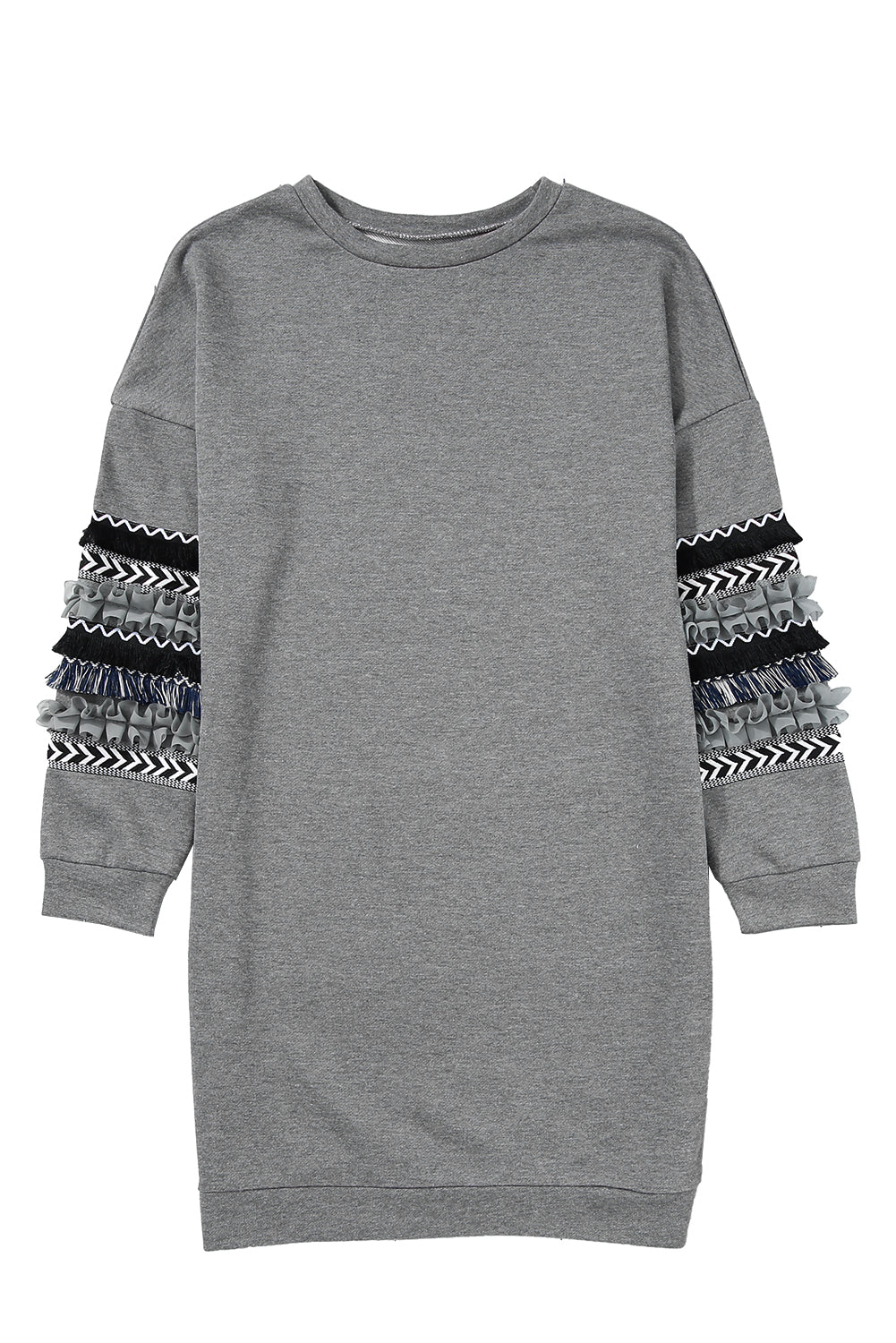 Dark Grey Printed Fringed Ruffled Accent Sweatshirt Dress