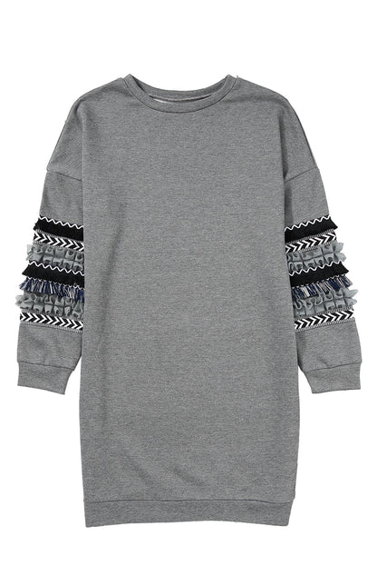 Dark Grey Printed Fringed Ruffled Accent Sweatshirt Dress
