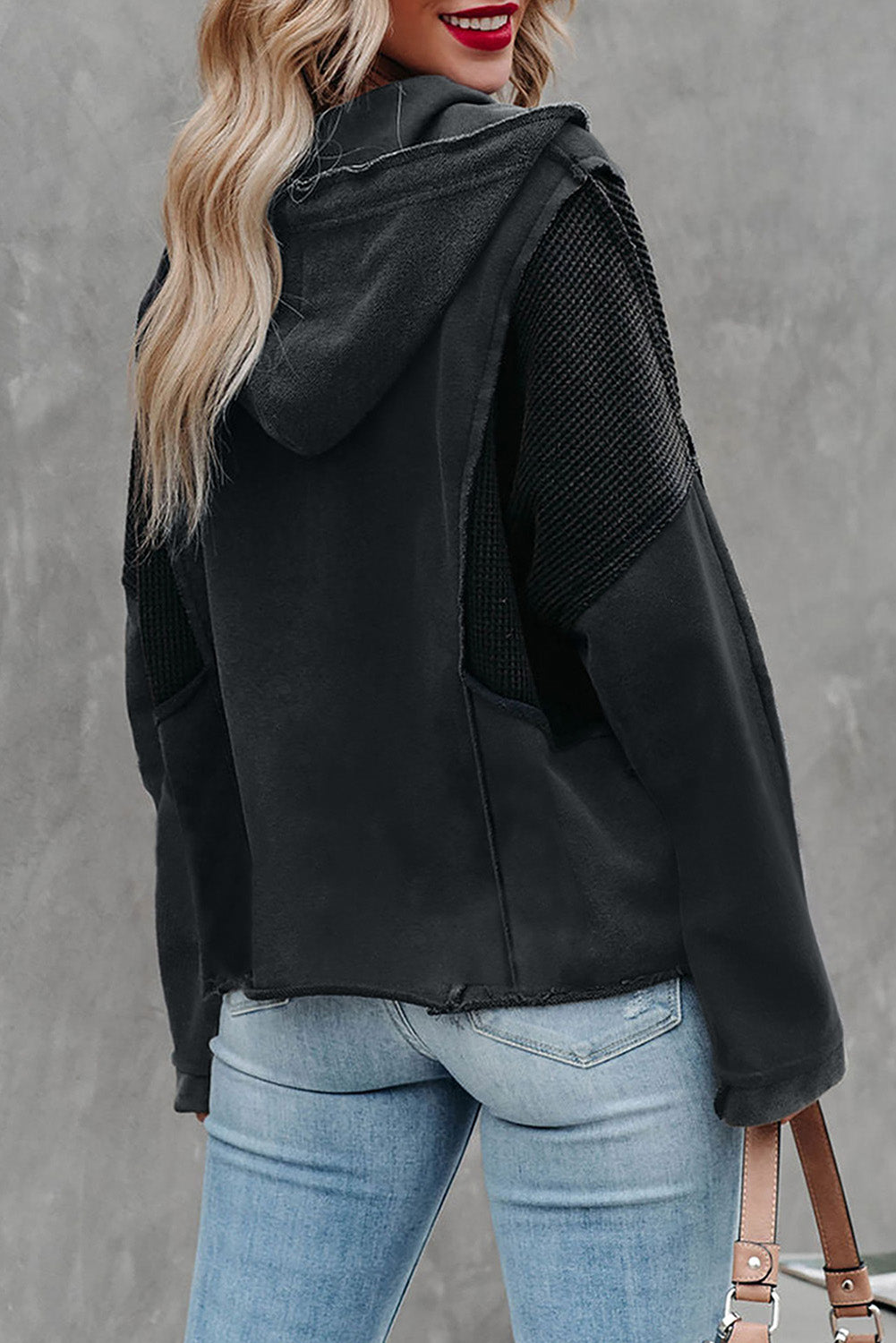 Waffle Knit Long Sleeve Drawstring Hoodie