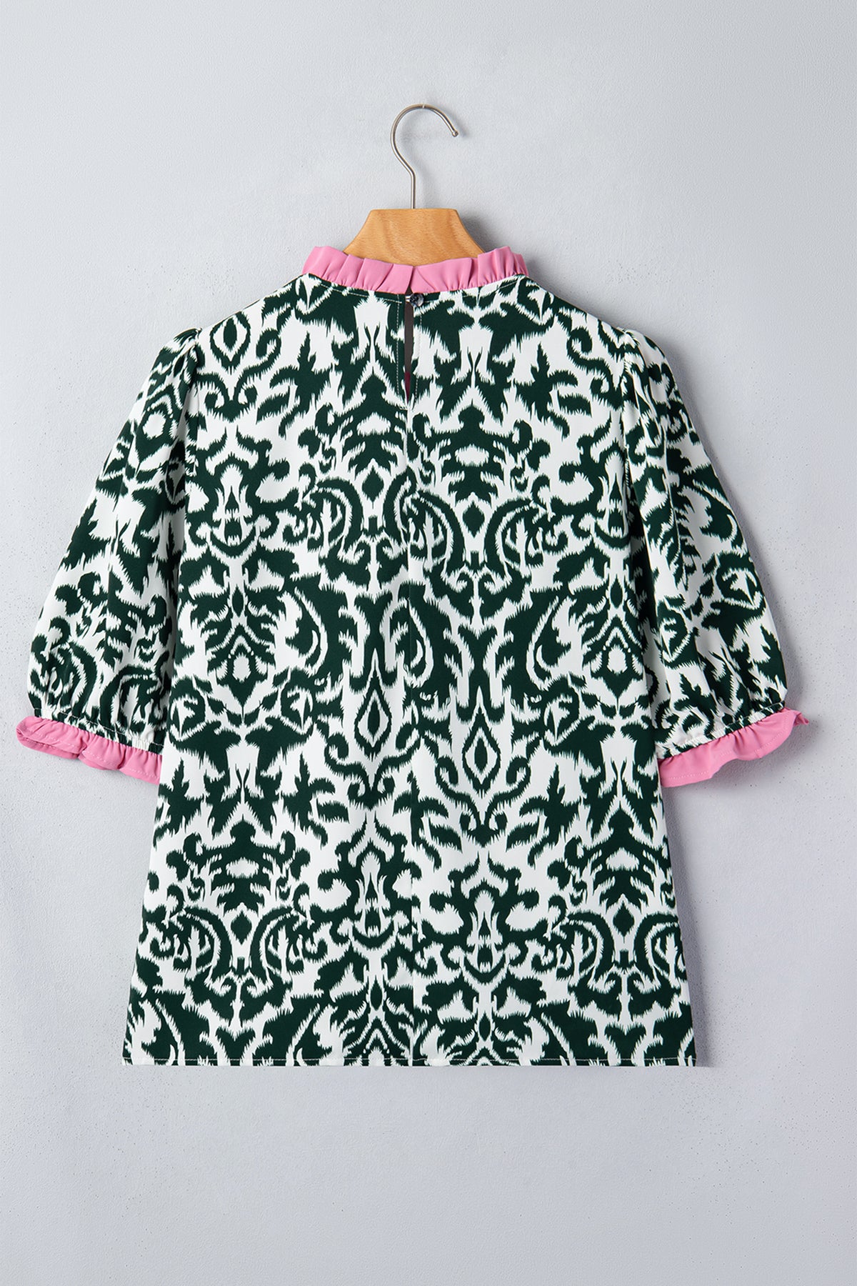 Green Damask Print Ruffled Color Block Detail Half Sleeve Blouse