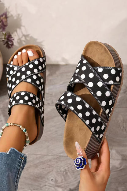 Color black Polka Dot Crossed Band Soft Suede Platform Slippers