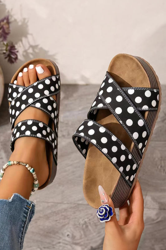 Color black Polka Dot Crossed Band Soft Suede Platform Slippers