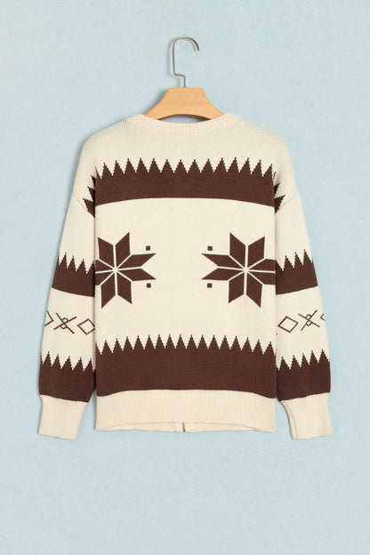 Beige Western Geometric Print Zip Front Loose Sweater Cardigan