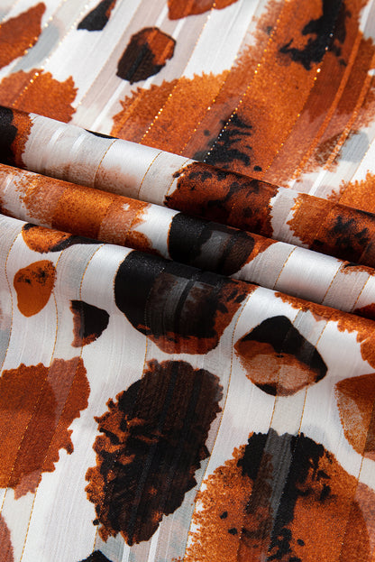 Chemisier plissé à manches 3/4 et volants, imprimé abstrait, avec détails de fils métalliques marron