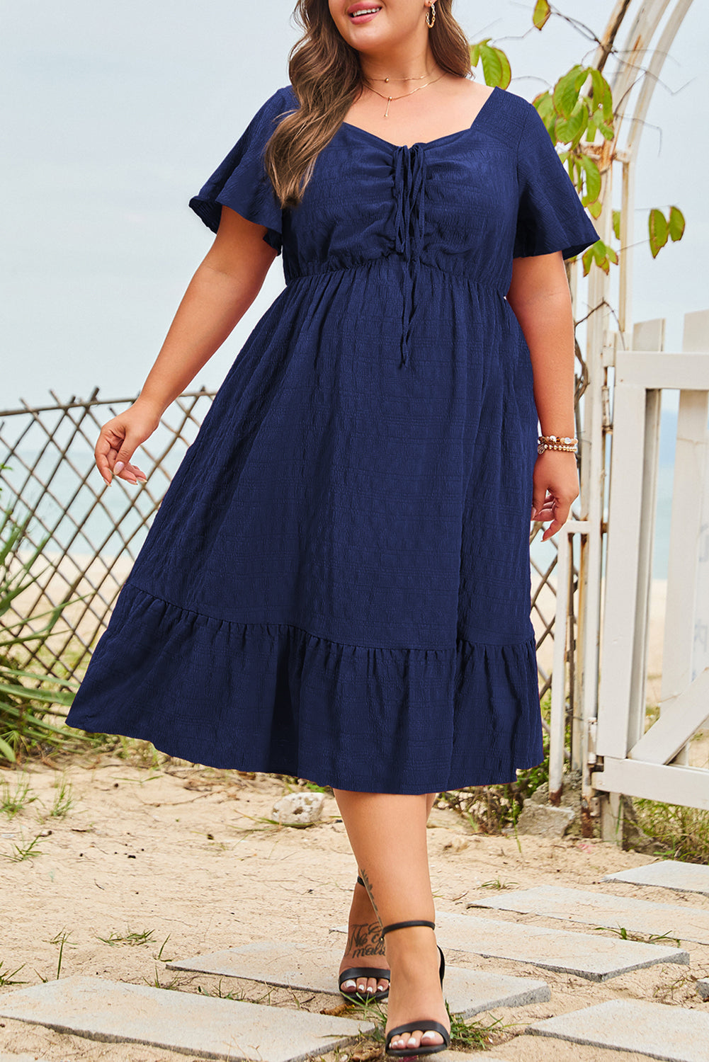 Blue Plus Size Short Sleeve Lace-up High Waist Midi Dress