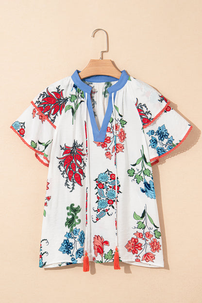 White Floral Print Contrast V Neck Tassel Tie Lace Detail Short Sleeve Blouse