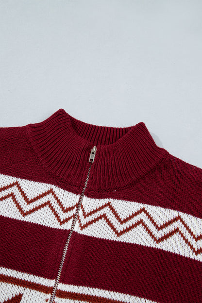Red Geometric Pattern Zip-Up Knit Long Sleeve Regular Fit Cardigan