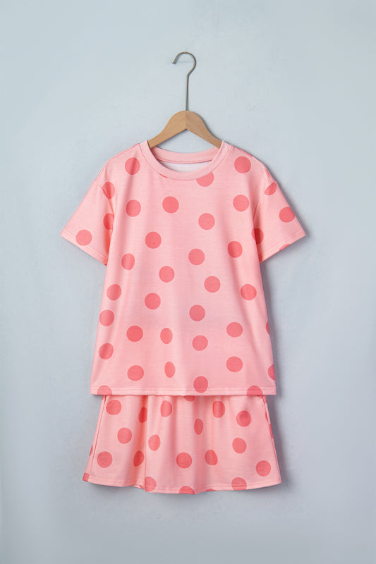 Pink Polka Dot Short Sleeve Top Casual Skort 2pcs Outfit