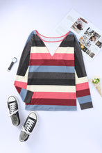 Multicolor Striped Mesh Splicing Round Neck Long Sleeve Top