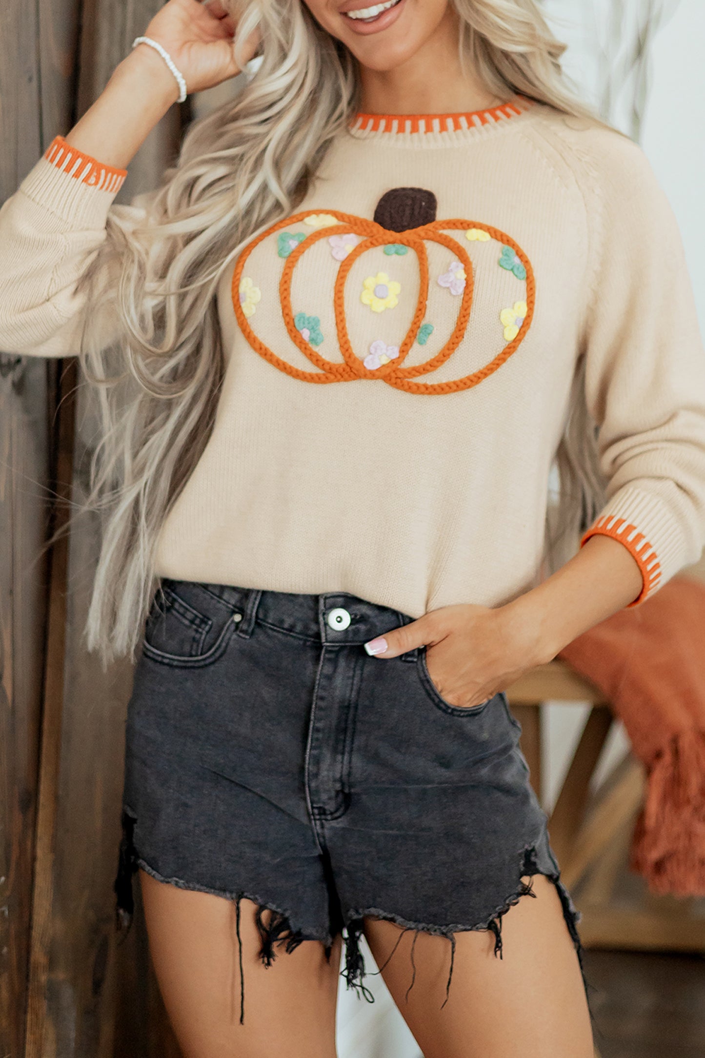 Parchment Floral Embroidery Pumpkin Long Sleeve Round Neck Sweater