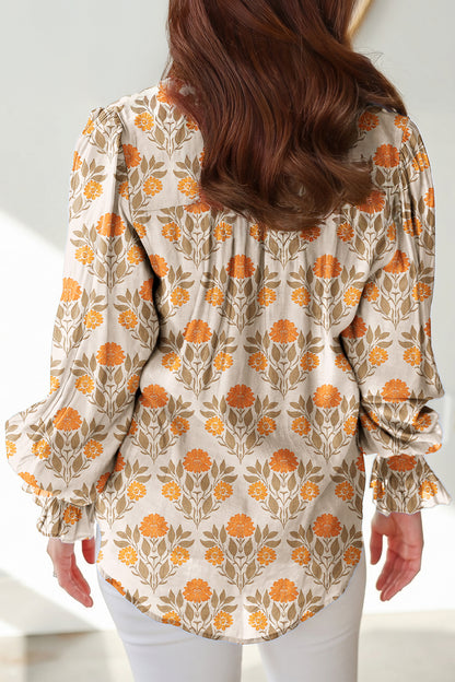 Orange Floral Print Contrast Detail V Neck Long Sleeve Blouse