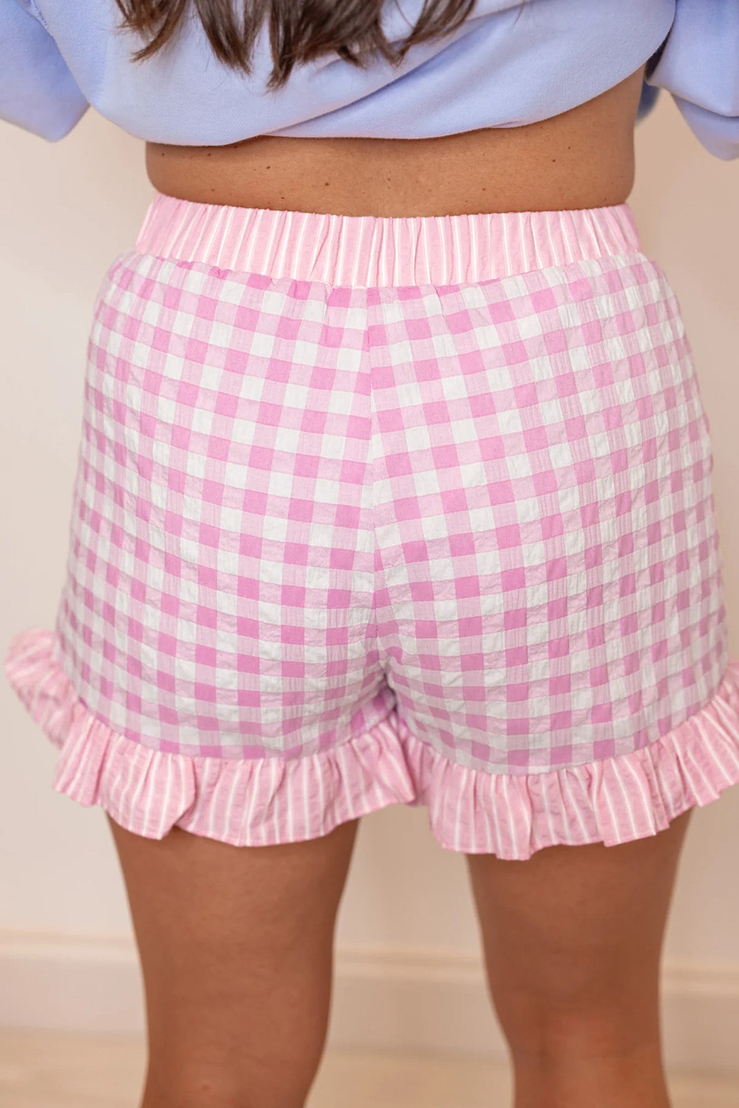 Pink Gingham Print Ruffle Striped Detail Lace Tie Shorts