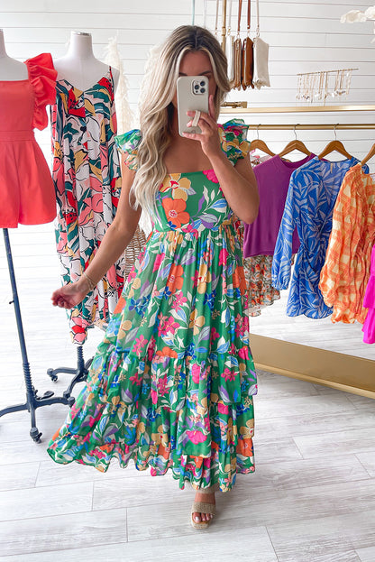 Green Floral Print Sleeveless Ruffle Tiered Maxi Dress