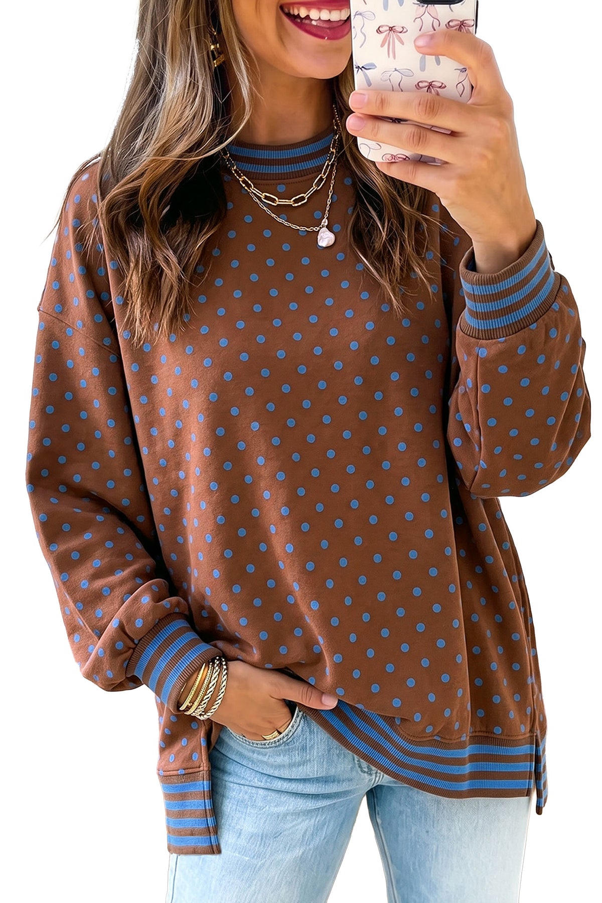 Brown Polka Dot Striped Trim Split Hem Casual Tunic Pullover Sweatshirt