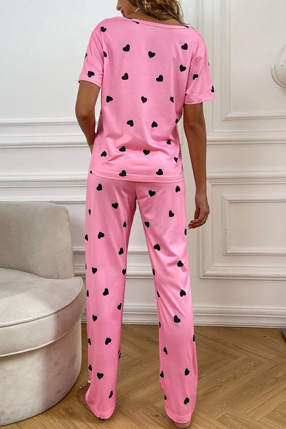 Ensemble de détente t-shirt et pantalon à imprimé cœur rose de la Saint-Valentin