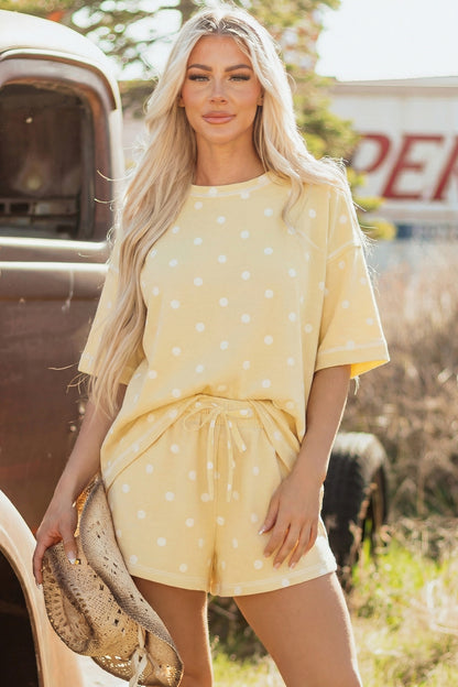 Yellow Polka Dot Short Sleeve Loose Top Drawstring Shorts Set