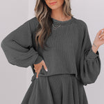 Dark Grey Corded Lantern Sleeve Top High Waist Ruffled Mini Skirt Set