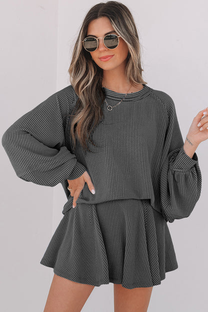 Sky Blue Corded Lantern Sleeve Top High Waist Ruffled Mini Skort Set