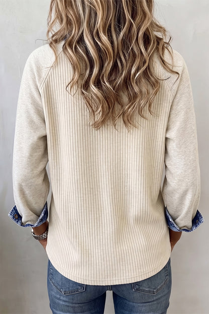 Light Grey Ribbed Denim Colorblock Detail Button Collar Long Sleeve Top