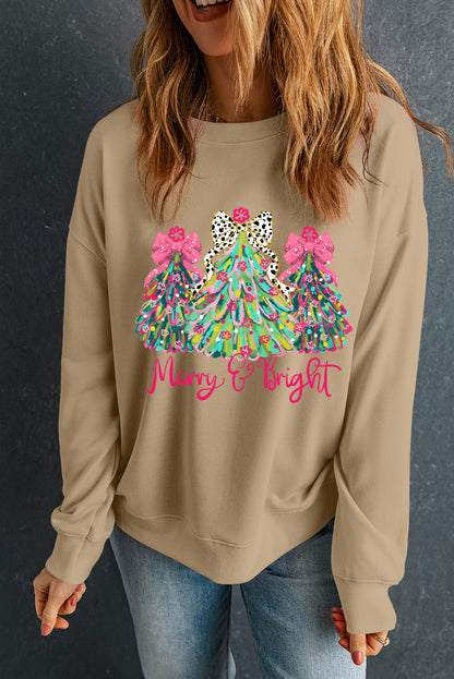 Sweat-shirt kaki à imprimé sapin de Noël joyeux et lumineux