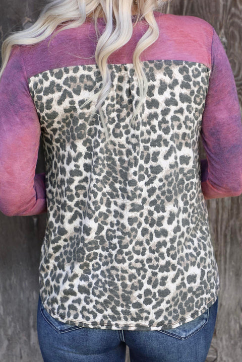 Tie Dye Leopard Patchwork Pocket V Neck Top