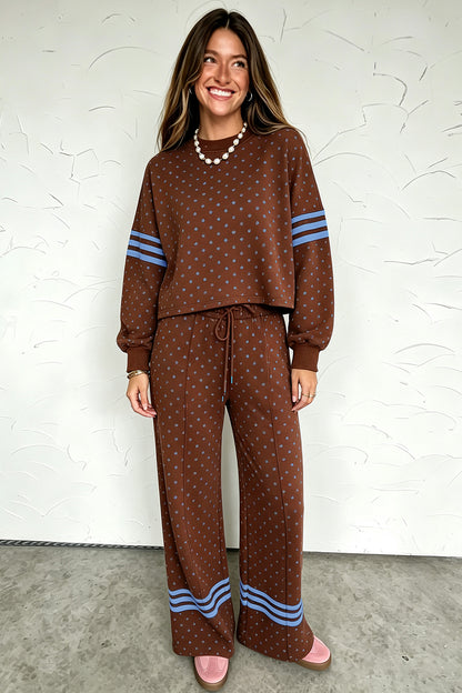 Brown Polka Dot Print Colorblock Stripes Detail Relaxed 2pcs Pant Set