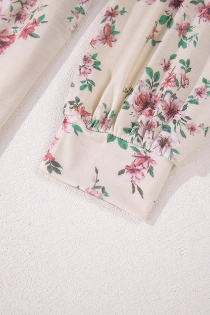 Chemisier ample à col en U plissé et imprimé floral rose