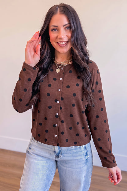 Brown Polka Dot Button Front Long Sleeve Casual Shirt