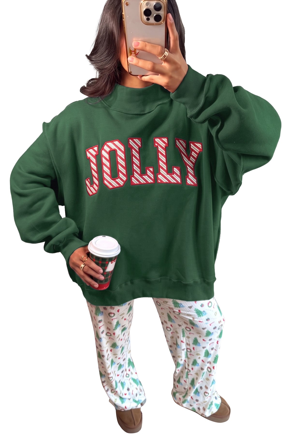 Blackish Green MERRY Embroidered Letter High Neck Tunic Pullover Sweatshirt