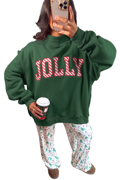 Blackish Green MERRY Embroidered Letter High Neck Tunic Pullover Sweatshirt