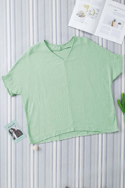 Green Frayed Batwing Sleeve Textured Cotton Blouse