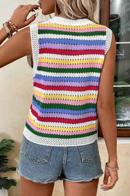 Gilet pull slim en maille rayée multicolore à œillets