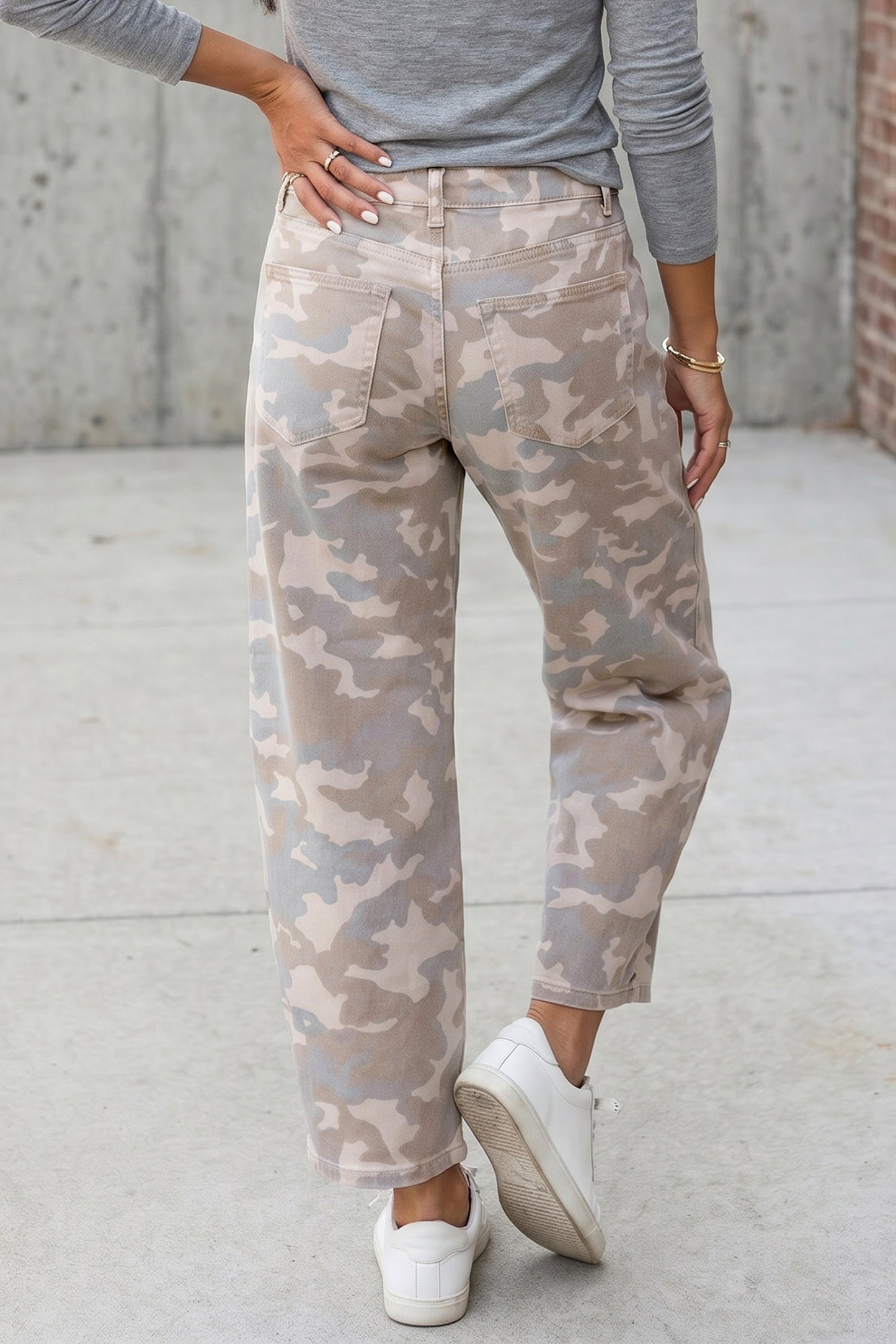 Khaki Camouflage Pattern Pocket Rivet Detail Ankle-Length Harem Fit Jeans