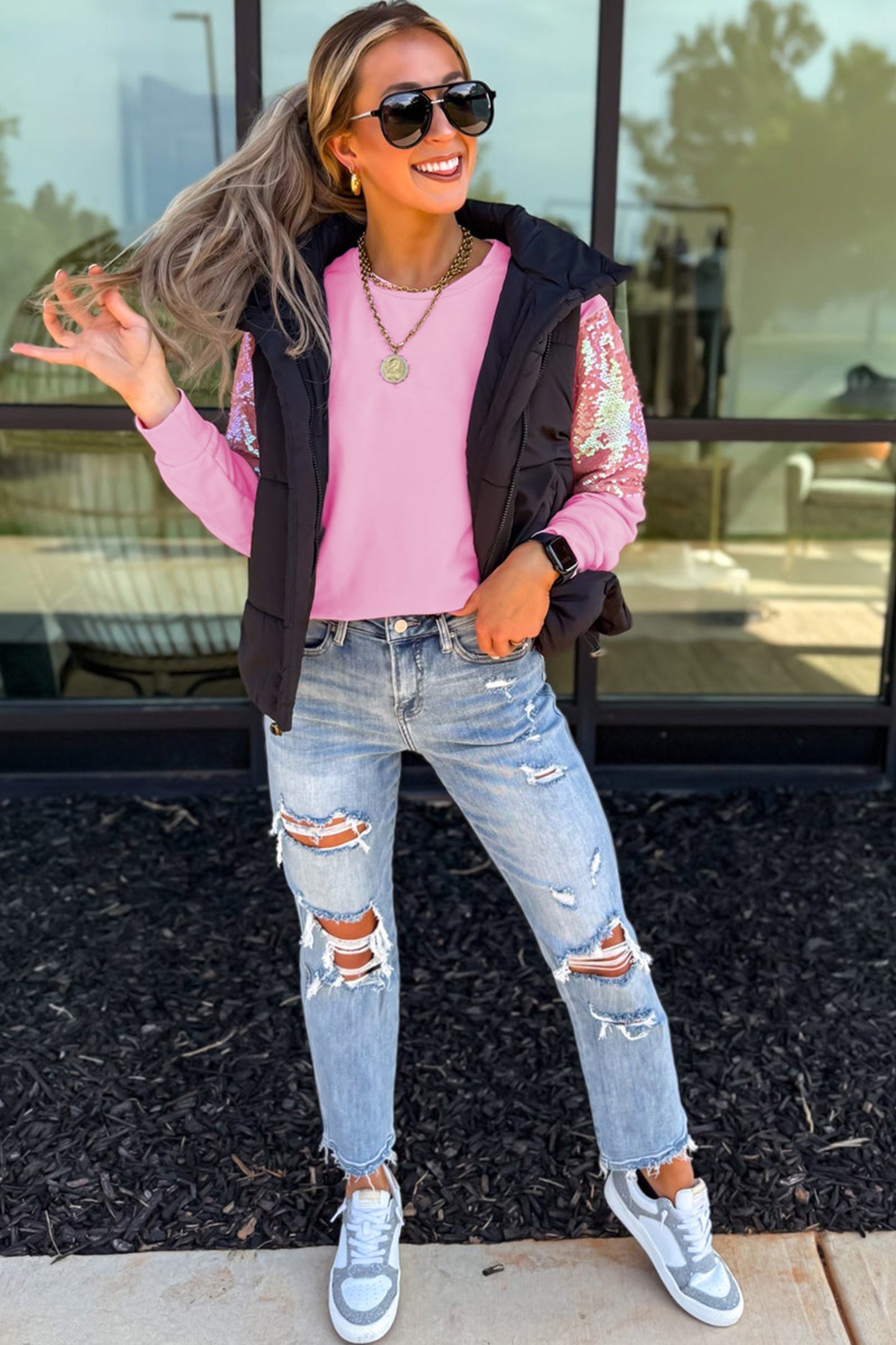 Pink Long Sleeve Sequin Round Neck Pullover Top
