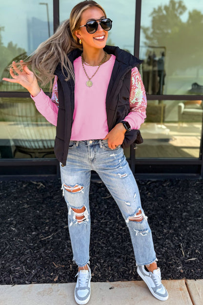 Pink Long Sleeve Sequin Round Neck Pullover Top
