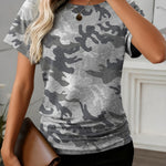 Gray Camouflage Print Round Neck T Shirt