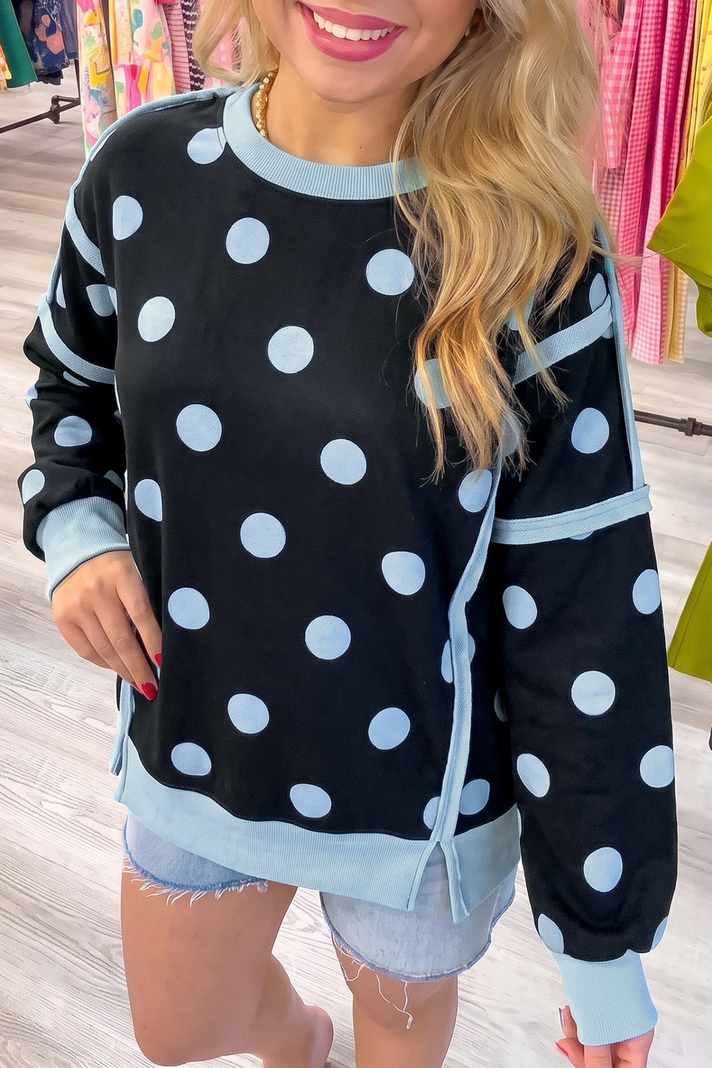 Black Polka Dot Contrast Patchwork Round Neck Baggy Sweatshirt