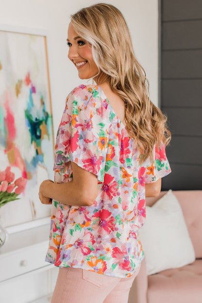 Blusa con manga con volante y cuello cuadrado floral de acuarela multicolor