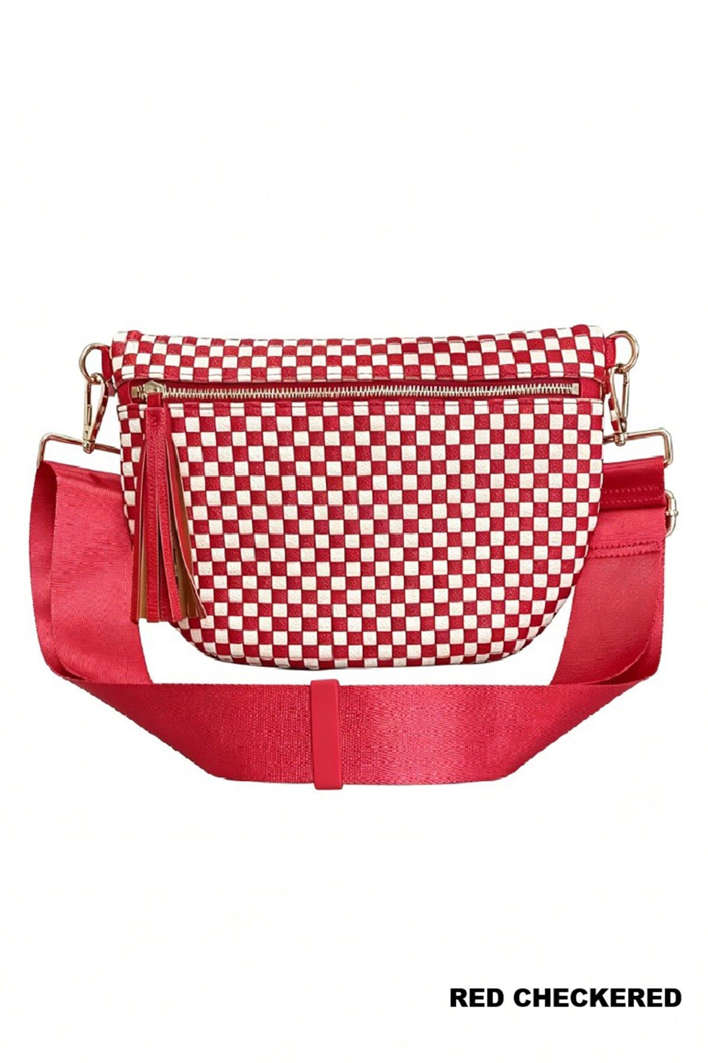 Fiery Red Checkered Woven PU Leather Crossbody Bag Adjustable Strap Large Size