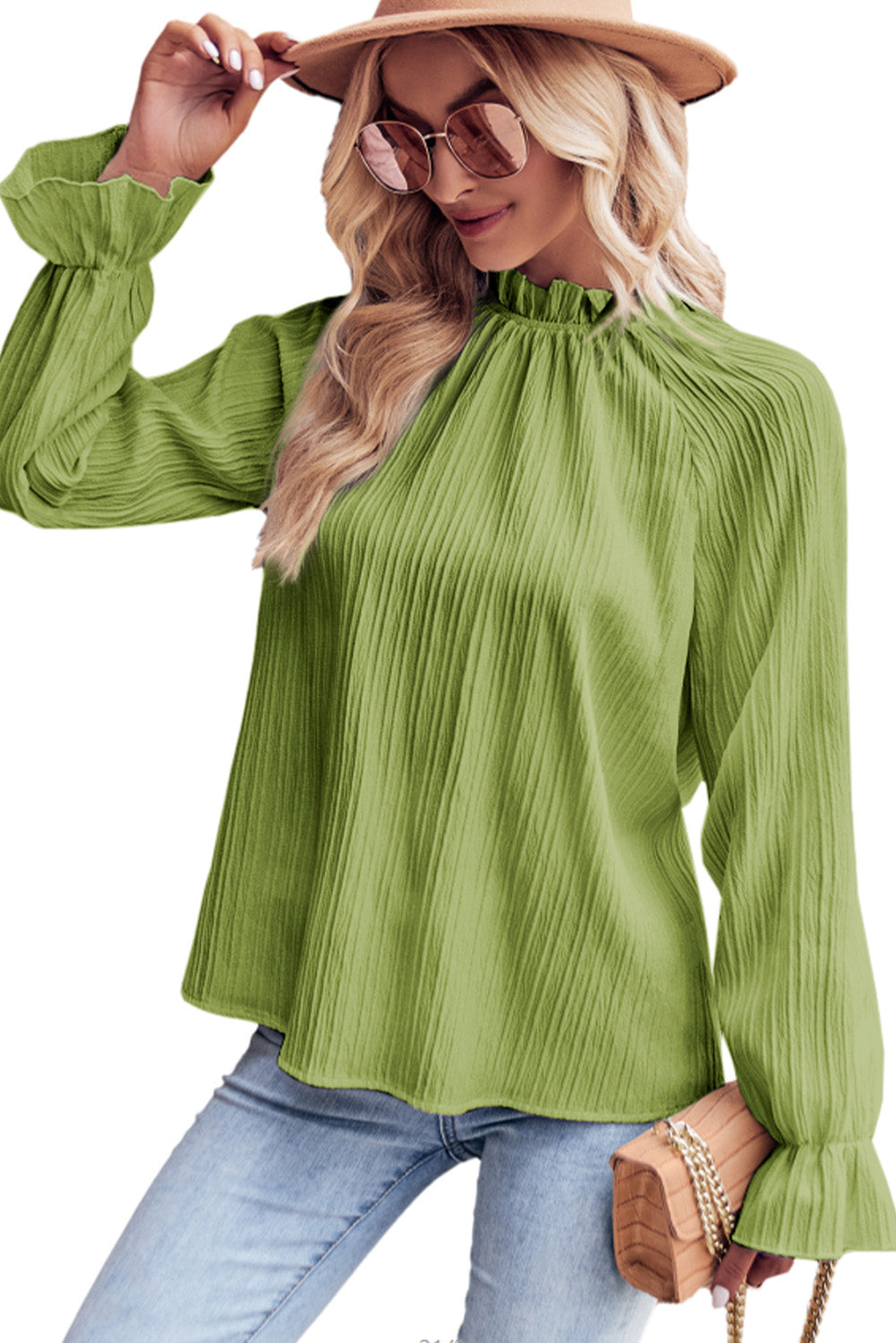 Blusa con volantes y cuello simulado con manga de burbuja ondulada verde 