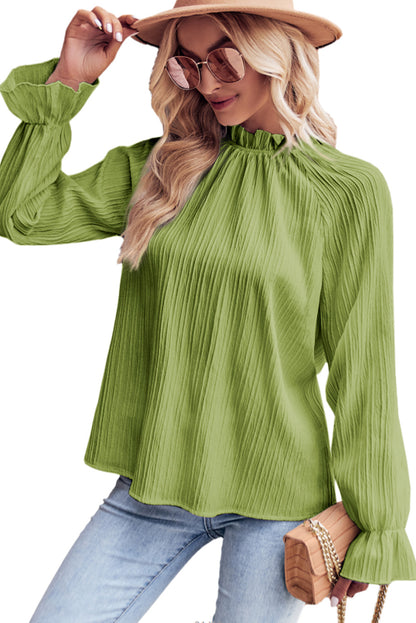 Blusa con volantes y cuello simulado con manga de burbuja ondulada verde 