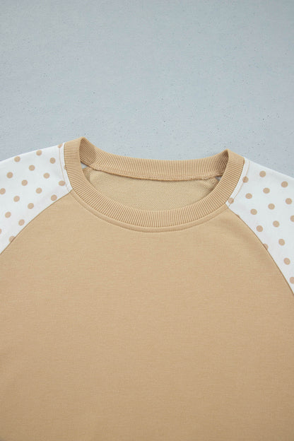 Khaki Polka Dot Patchwork Colorblock Long Sleeve Casual Two Piece Pants Set