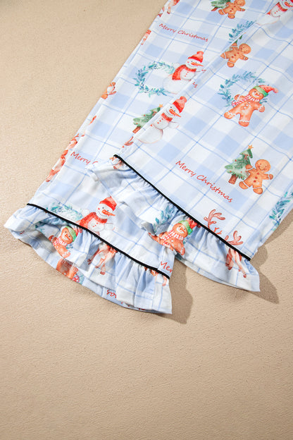 Sky Blue Plaid Cartoon Christmas Pattern Shirt Top 2pcs Pajama Set