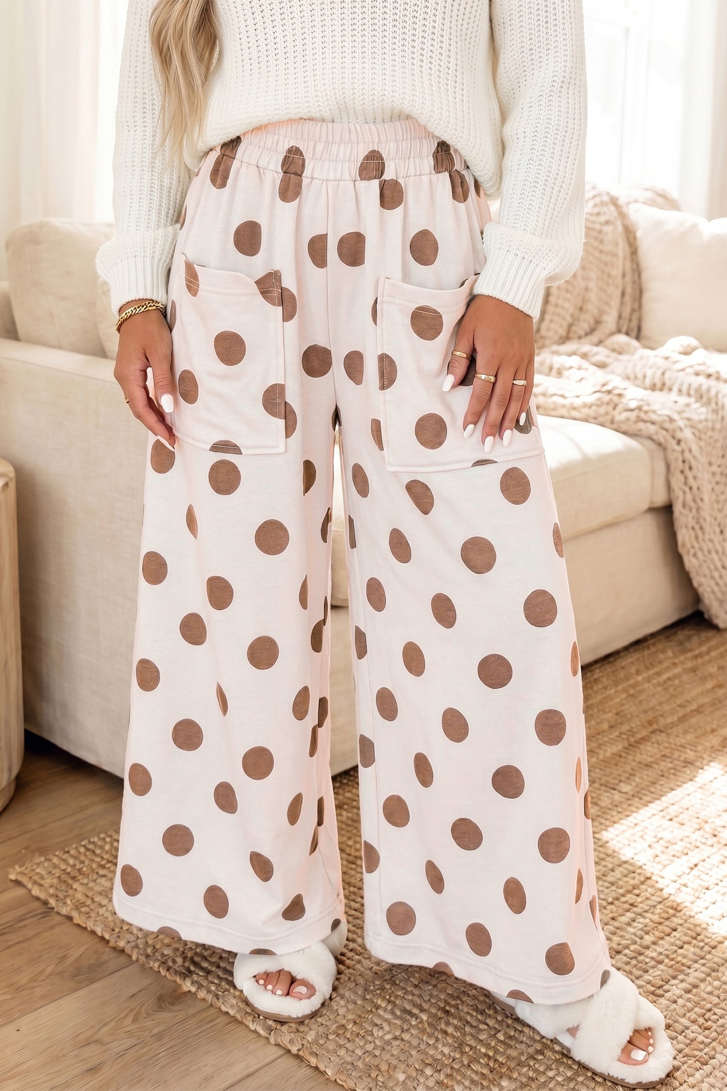 Khaki Polka Dot Wide Leg Elastic Waist Casual Pants